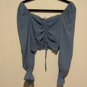 Blush Blue Puff Sleeve Ruched Crop Blouse